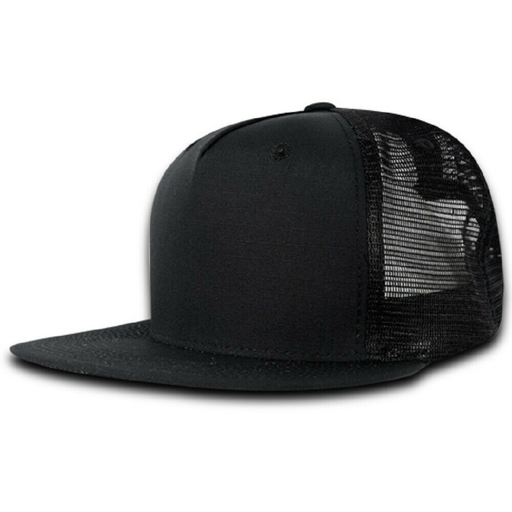 Ripstop Flat Bill Trucker Cap - 5 Panel, Black, 100% Cotton Hat (Decky 3021-BLK)