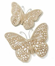 Butterfly Wall Plaques Home Garden Tan - Set of 2 - MDF with Metal Antennae Gift