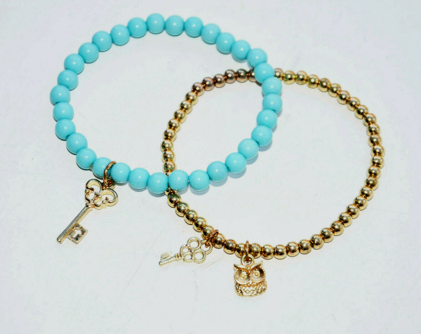 Primary image for vintage beaded bracelet set owl key gold turquoise blue lot