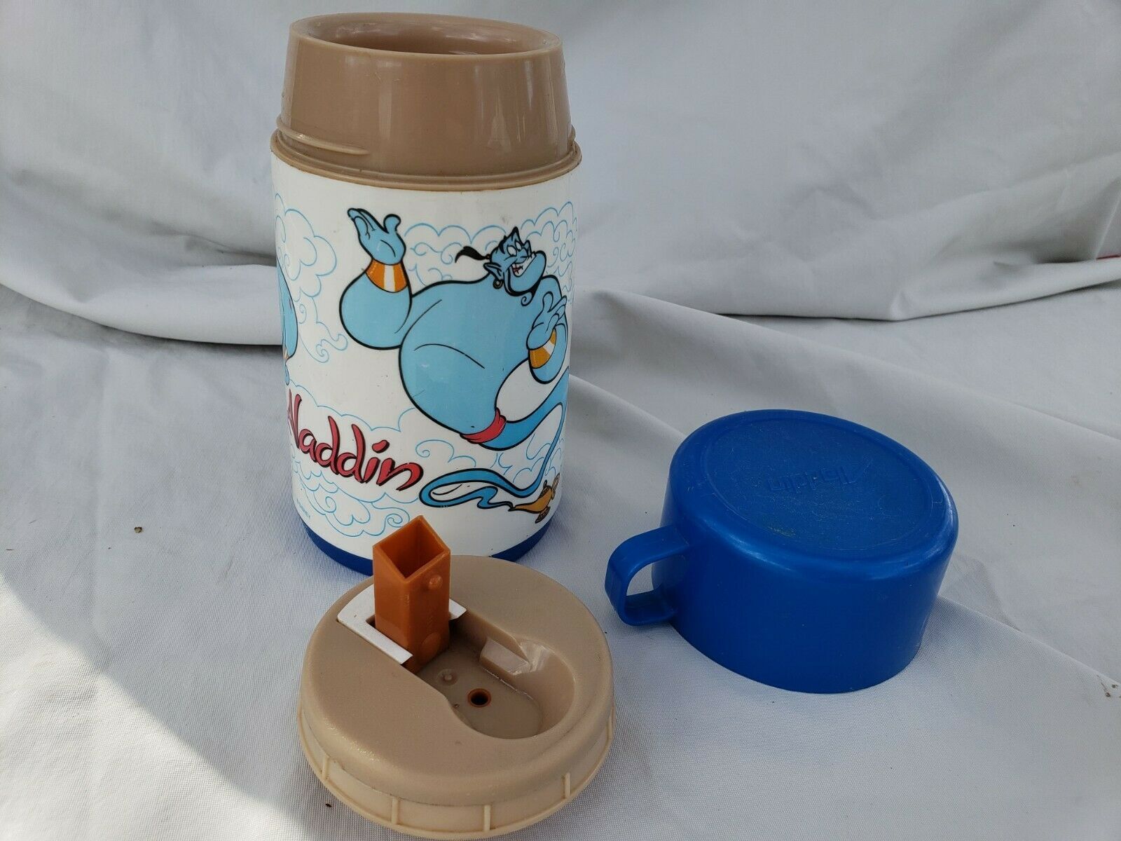 1992 Disney's Aladdin Plastic 8 oz Thermos Genie by Aladdin Blue and White 1970Now