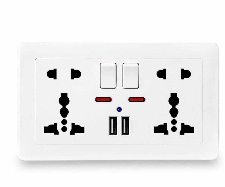 Wall Power Socket Universal 5 Hole Dual USB Charger Port LED UK Switched Outlet