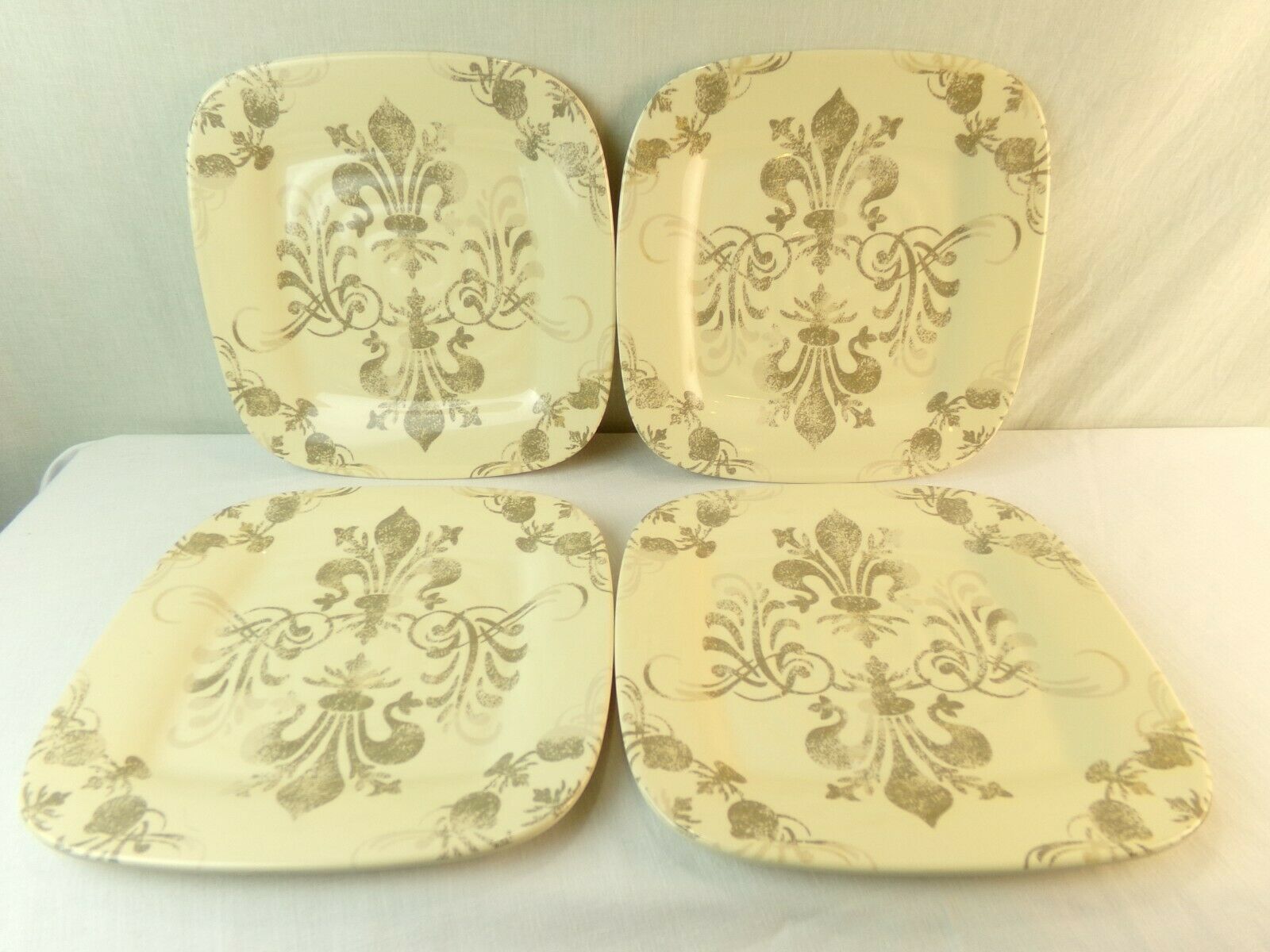 Set Of 4 Melamine 10" Square Dinner Plates Ivory with Tan - $18.99