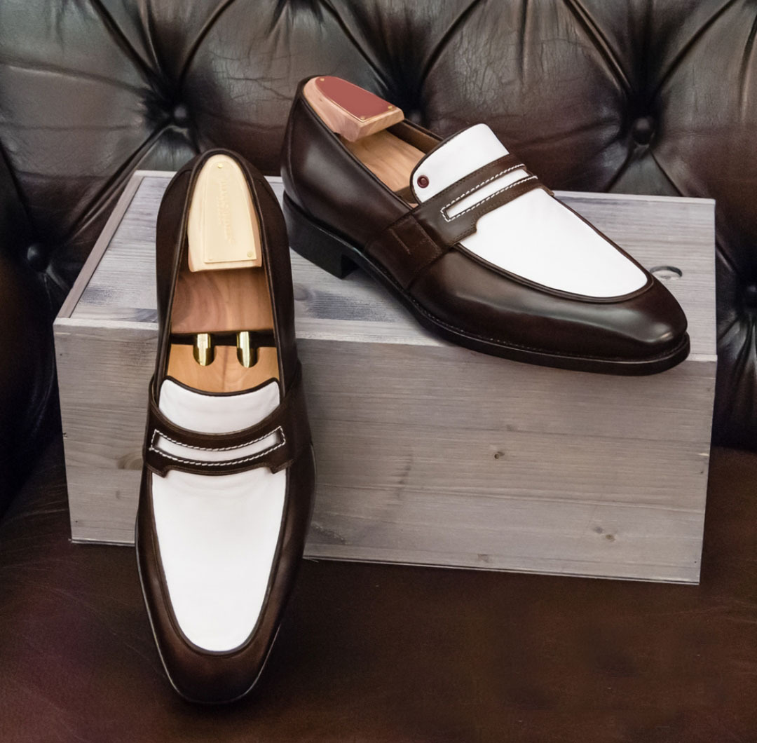 Handmade Chocolate Brown White Moccasin Loafer Slip Ons Leather Party Wear Shoes