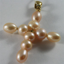Solid 18K Yellow Gold Pendant, 2,28 X 1,57 In, Cross, Round & Drop Rose Pearls. - $430.30