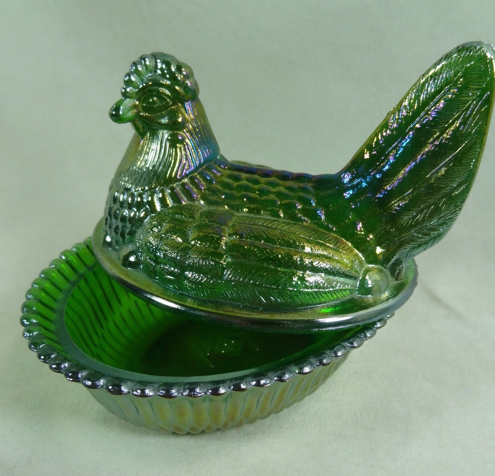 Boyd 5" Hen on Ribbed Nest Lime Carnival Glass Chicken Candy Dish 4/23/1990 Boyd