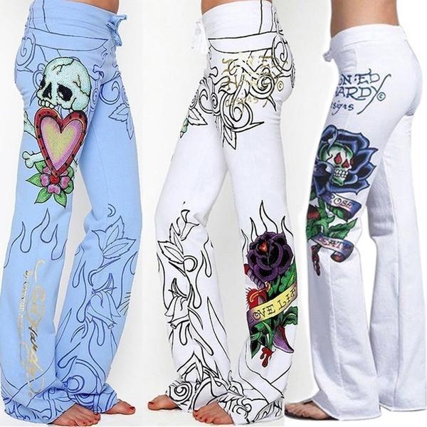 Image of Fashion Women Baggy Skull Rose Printed Pants Hippie Wide Leg Boho Trousers
