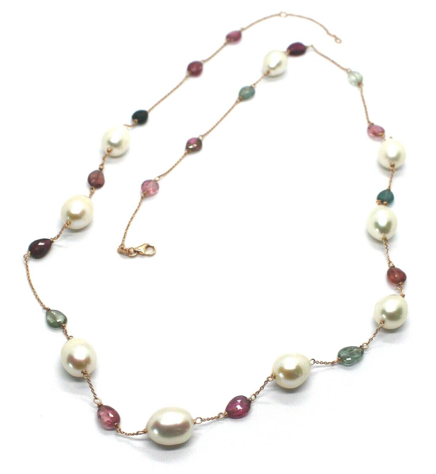 Primary image for 18K ROSE GOLD LONG NECKLACE ROLO CHAIN, BIG 12mm PEARLS & TOURMALINE DROPS 26.7"