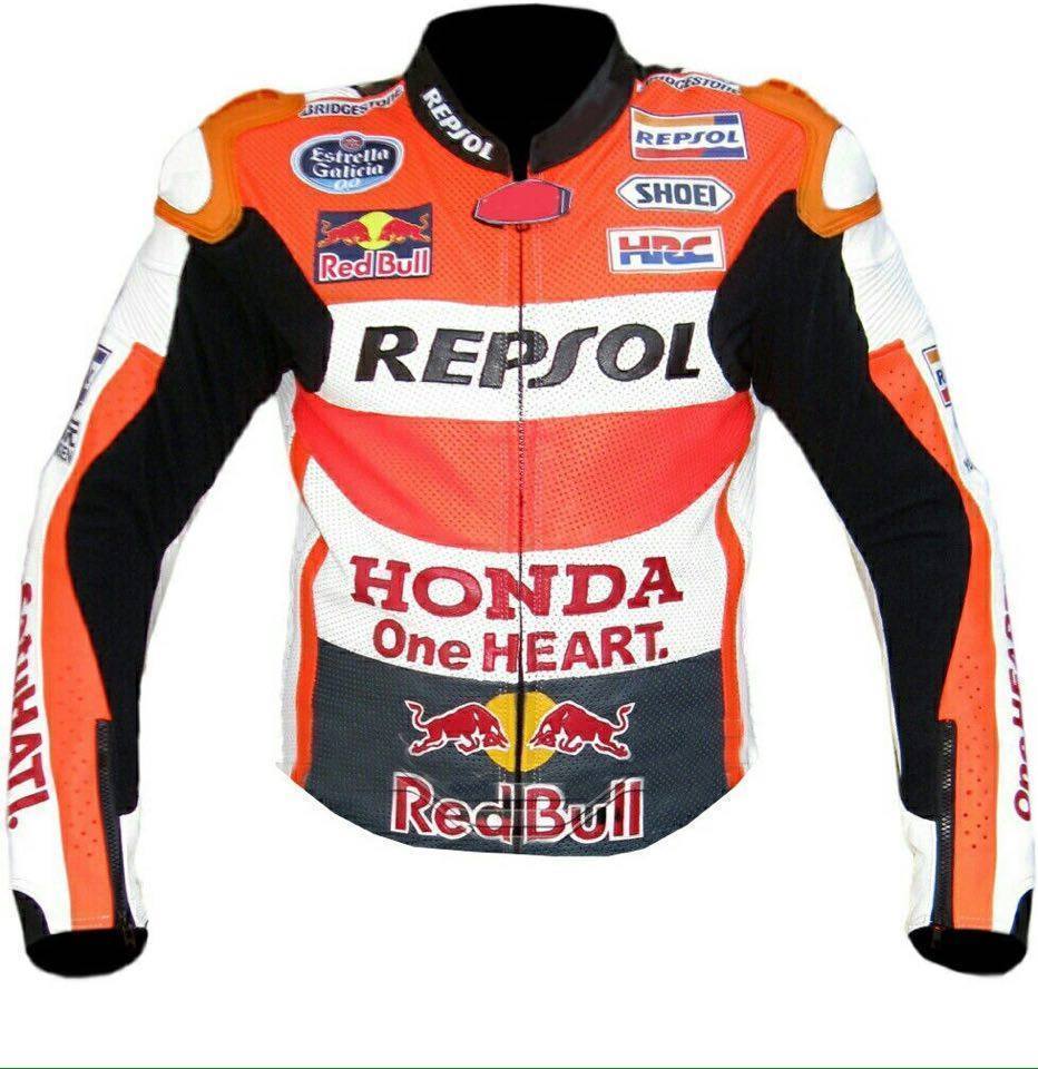 Image of Handmade REPSOL HONDA RACING MOTORBIKE LEATHER JACKET WITH RED BULL