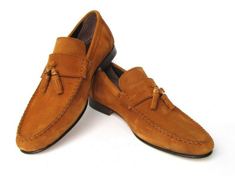 Men's Tan Color Tassel Loafer Slip Ons Genuine Suede Leather Formal