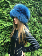 Dyed Silver Fox Full Fur Pillbox Hat Saga Furs Blue Color Detachable Tail