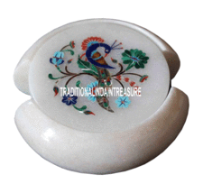 White Marble Beautiful Coaster Set Peacock Malachite Marquetry Table Decor Gifts - $230.75