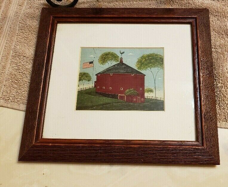 Warren Kimble Country Life Round Red Barn Folk Art Framed Matted Behind ...