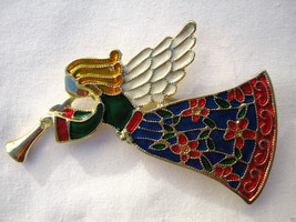 Christmas Angel with Wings Playing Trumpet Pin Brooch Gold Green Red White - $26.46
