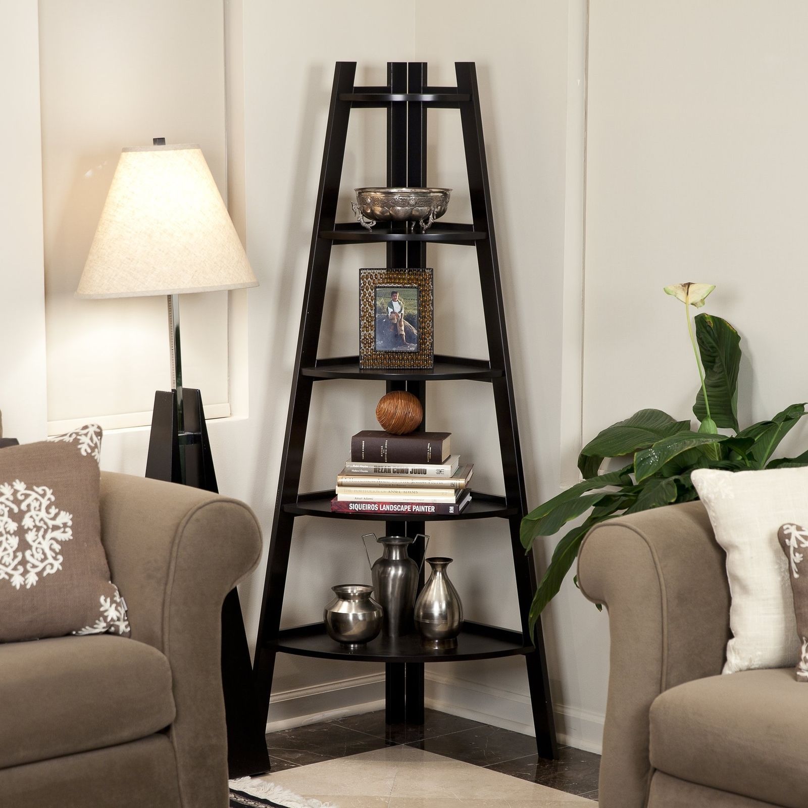 Tall Corner Bookcase 5 Tier Espresso Shelves Decor Display Storage
