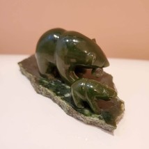 Nephrite Jade Sculpture, Bear with Fish and Cub on Slab Base, Green Stone Animal image 3