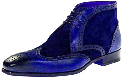 Men's Blue Chukka Handmade Brogue Wingtip Suede Leather Formal Dress Boots