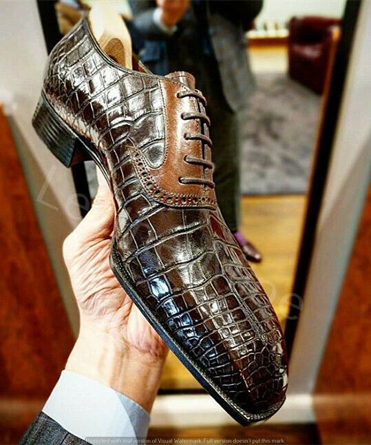 Handmade men crocodile leather dress shoes, men brown patina leather ...