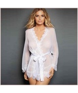 Erotic White Lace Trimmed Transparent Long Sleeve Belted Kimono Robe Plu... - $58.95