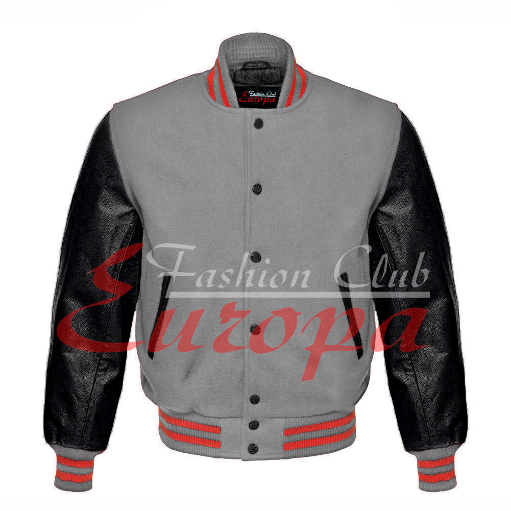 American Unisex Black Real Leather Sleeves Letterman College Varsity Wool Jacket