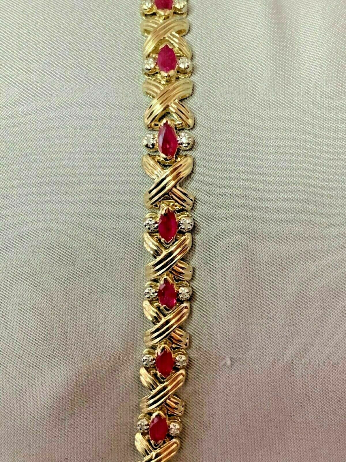 Estate 14K Yellow Gold Over 8.50Ct Red Ruby And Diamond Tennis Bracelet