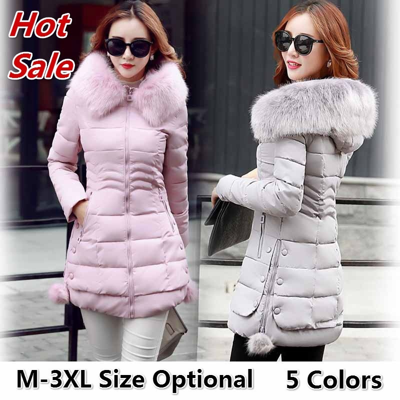 Women's Slim Long Section Hair Collar Hooded Down Cotton- Padded Coat 5 Colors P