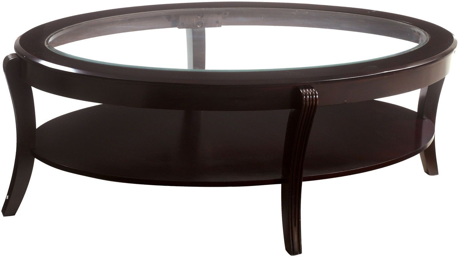 Oval Coffee Cocktail Table Wood Expresso Fin. Tempered Beveled Glass