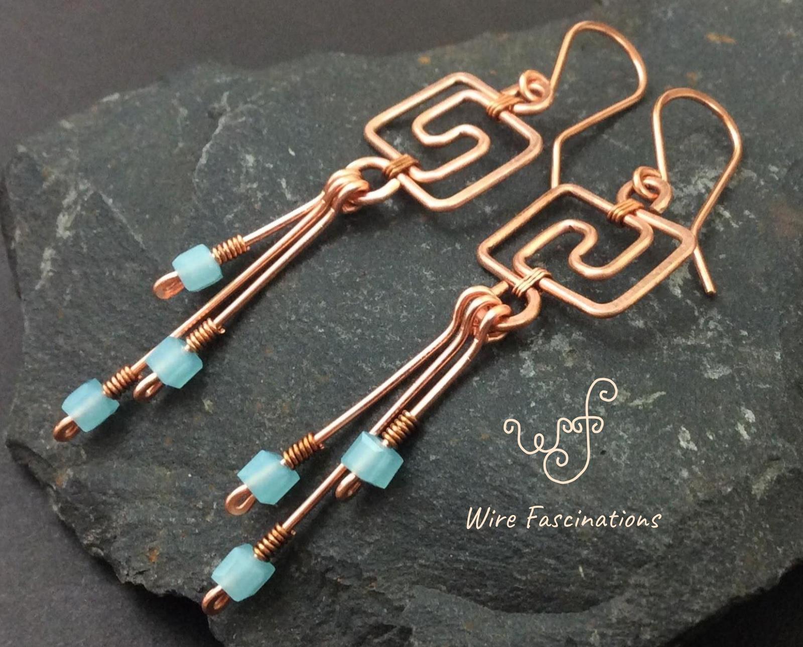 Handmade copper earrings: Greek key design long dangles light blue cube ...