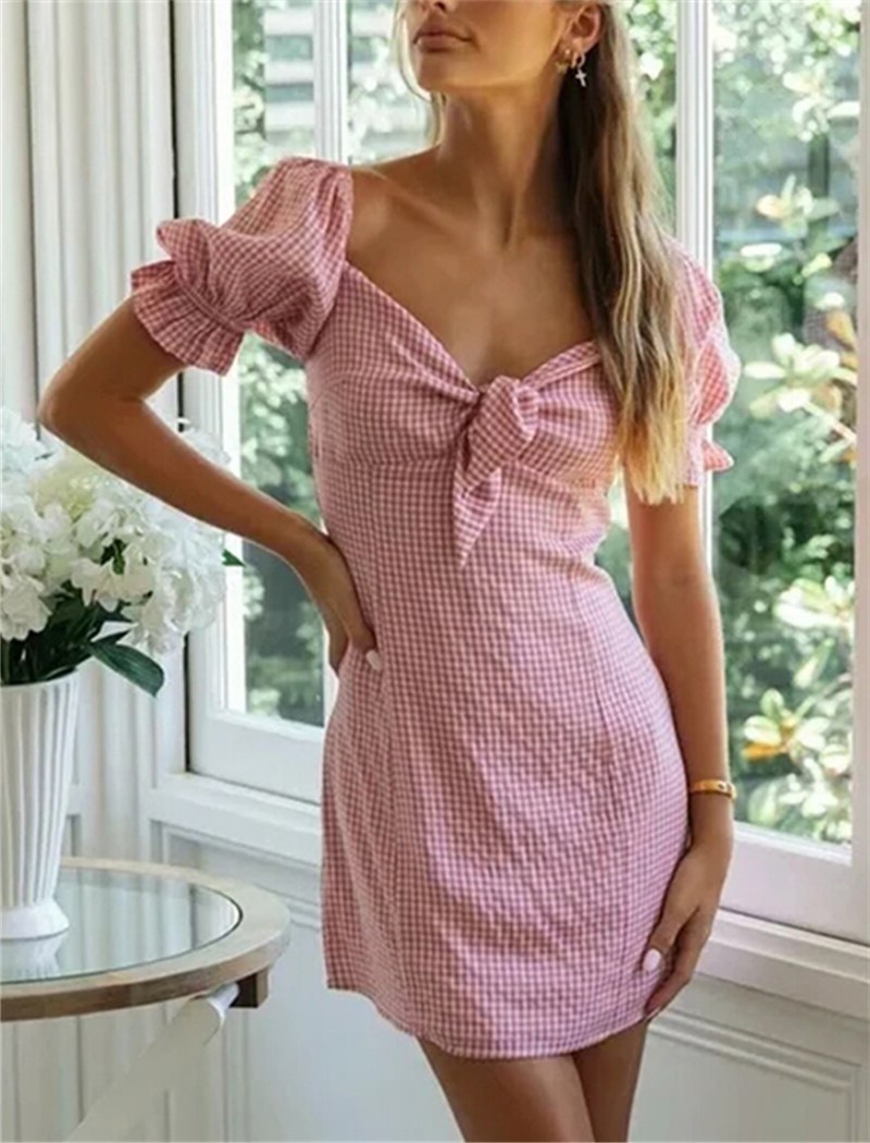 New pink plaid V neck short puff sleeve front bow tie women mini summer dress