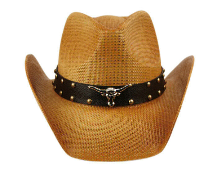Bull Cowboy Hat Straw Leather Studded Western Riding Men's Hat Fancy