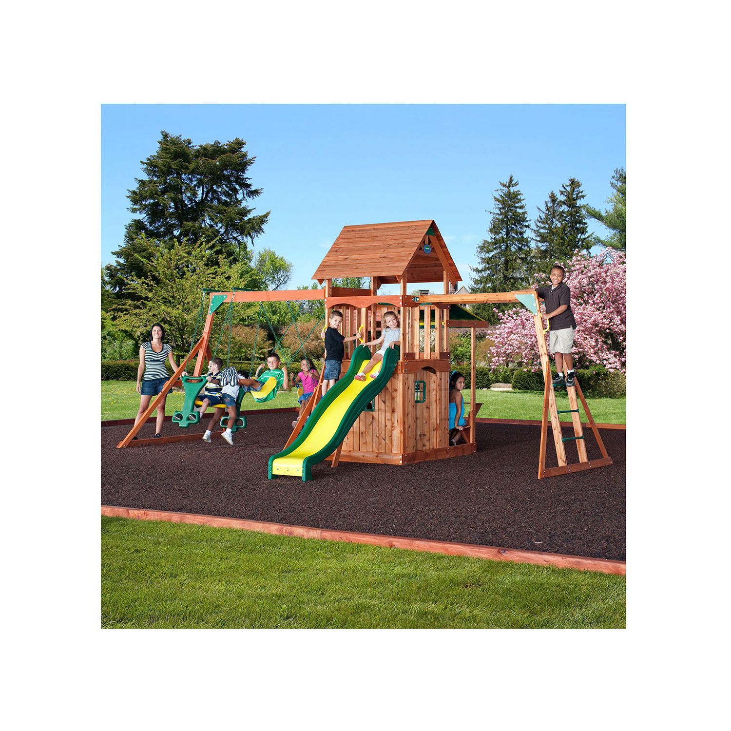 Wooden Cedar Outdoor Swingset Playset Clubhouse Fort Backyard Playhouse