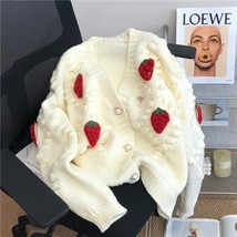 Strawberry Embroidery Cardigan Women Sweet Cropped Sweaters Gentle  Retro Korean - $98.99