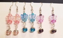 3 pr butterfly bead drop earrings lot dangles handmade jewelry blue pink purple - $7.99