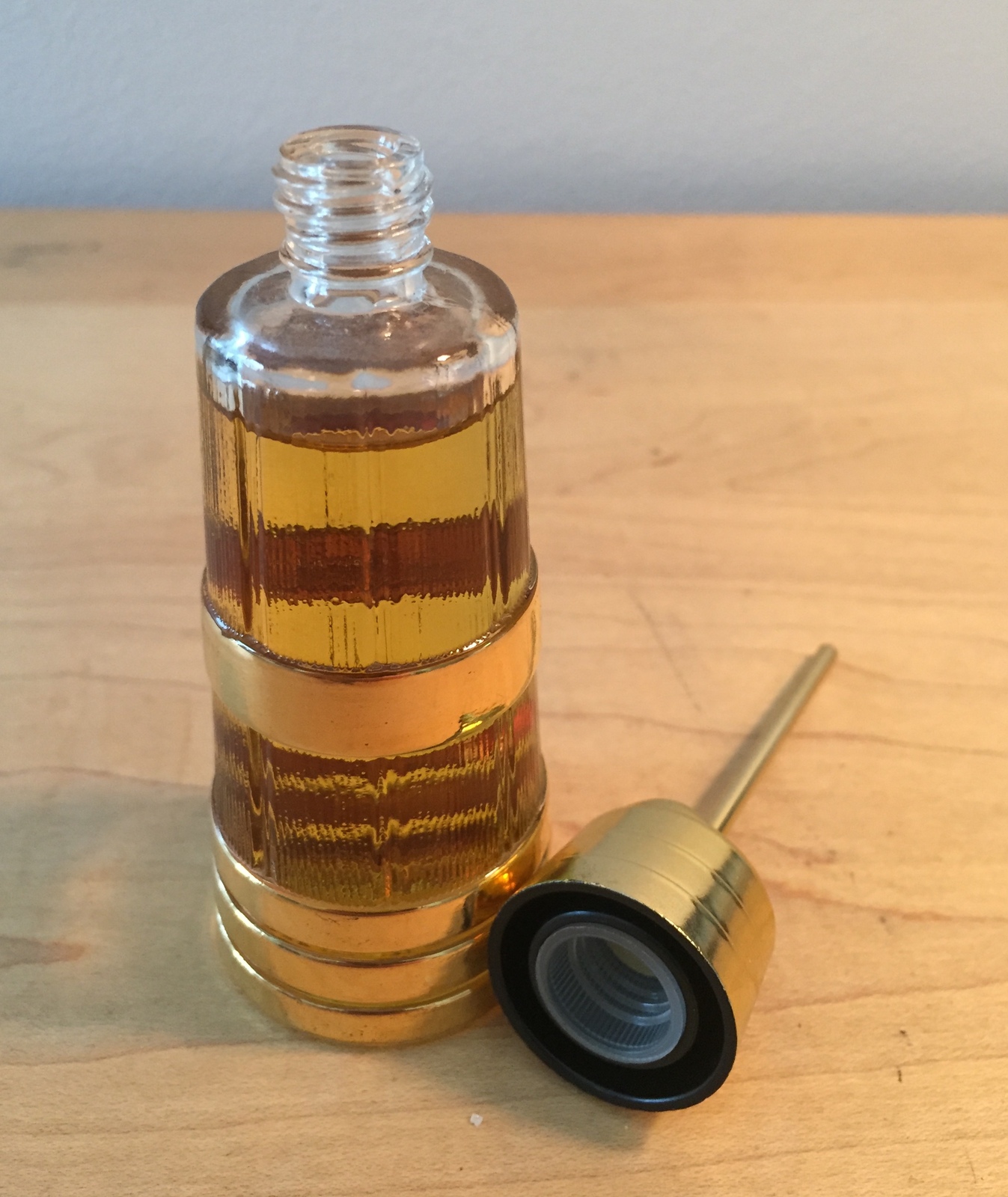 70s Avon Butter Churner clear glass and shiny gold cologne bottle