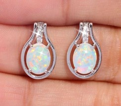 Oval Created Opal Diamond Alternatives Earrings 14k Yellow Gold over 925 SS - $29.15
