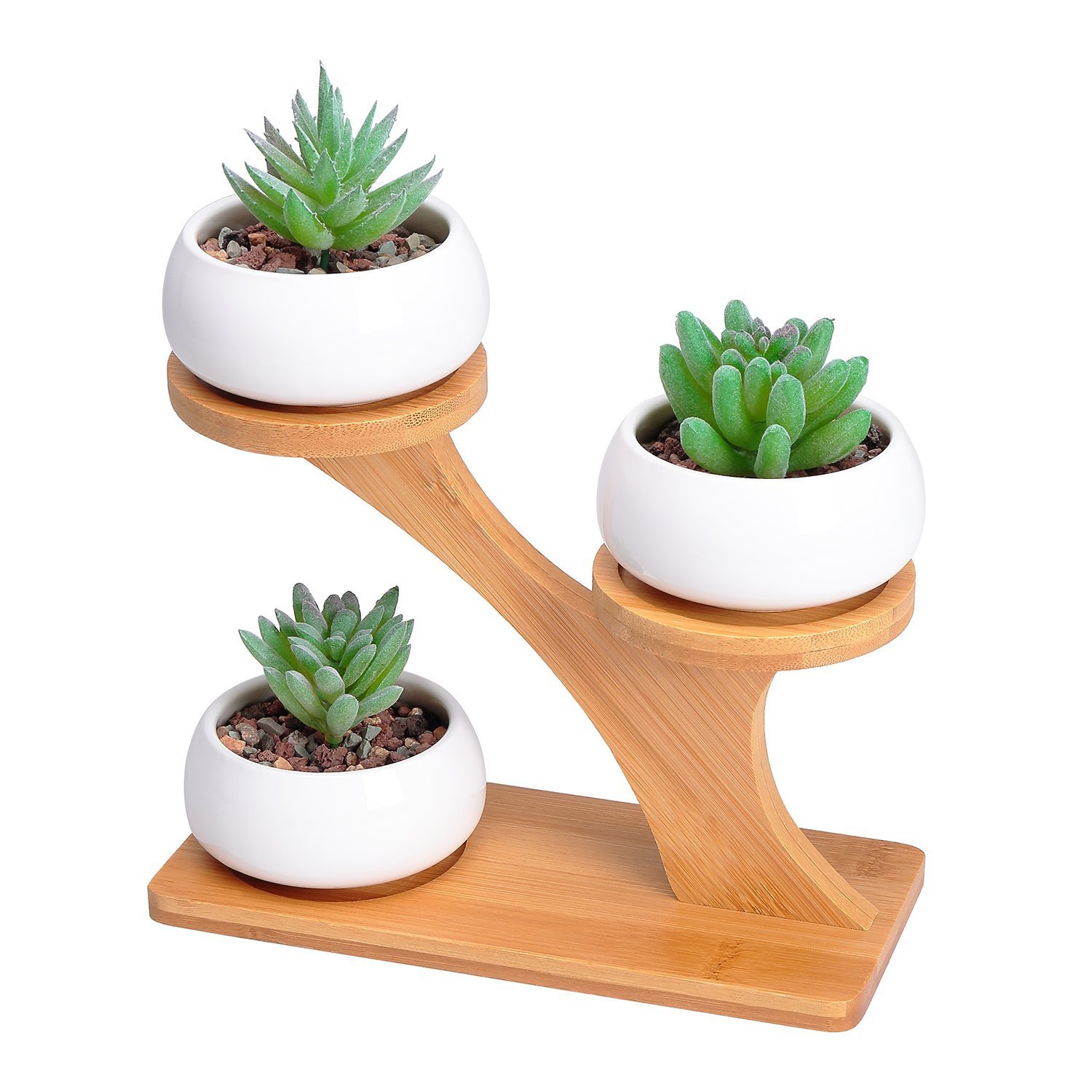 Ceramic Round Succulent Plant Pots, with 3 Tier Treetop Shaped Bamboo