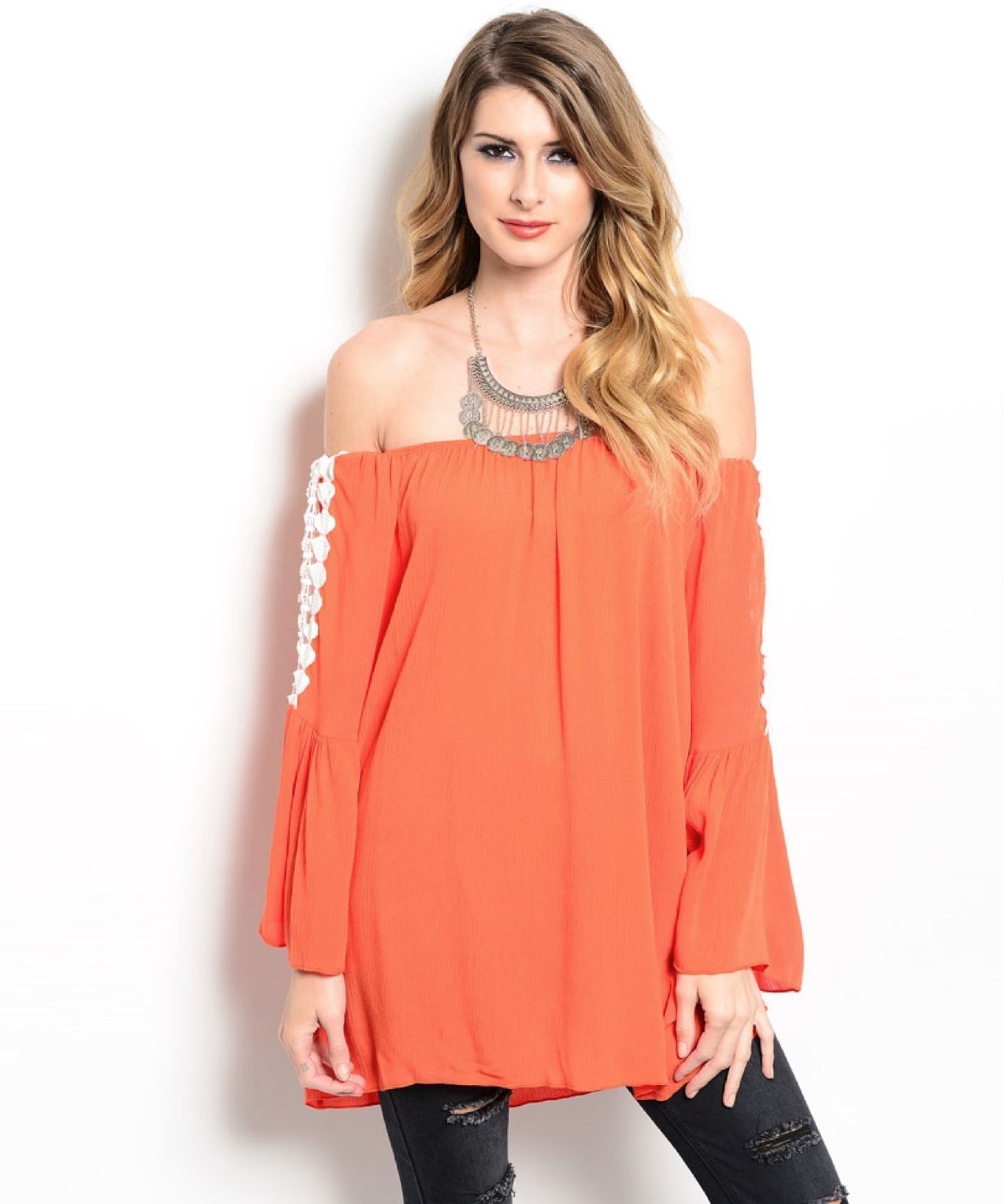Image of Flitry Tangerine Orange Off Shoulder Boho Jrs Party Cruise Top, Crochet Inset