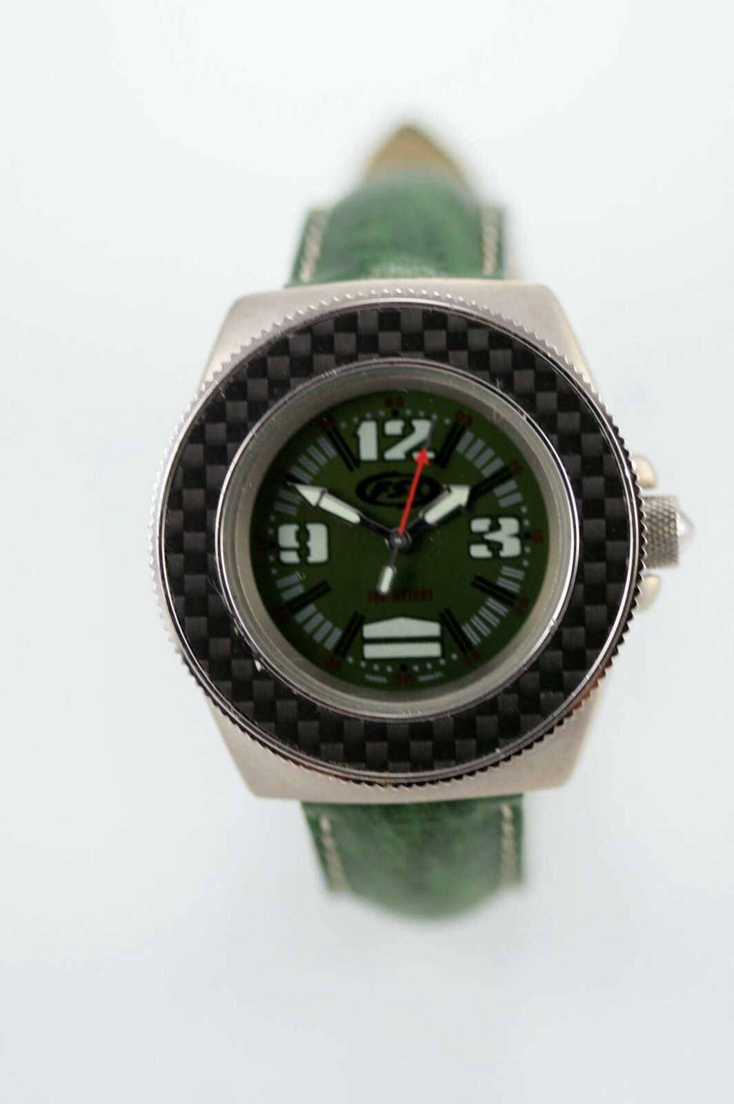 Fossil Watch Mens Green Leather Stainless Steel Silver 100m Water