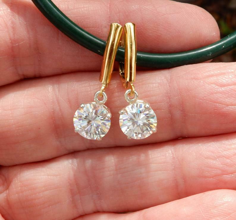 4Ct Round Brilliant Cut Moissanite Drop & Dangle Earrings 14K Yellow Gold Finish - Genuine Gemstone