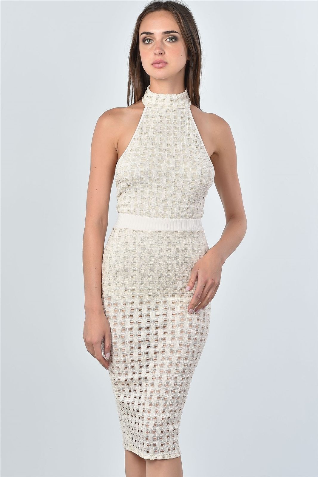 Ladies fashion mesh hole bodysuit and midi skirt two piece set Dresses