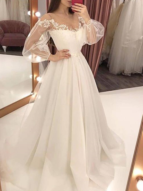 Women Embroidered Sheer Stitching Lantern Sleeve Wedding Dress