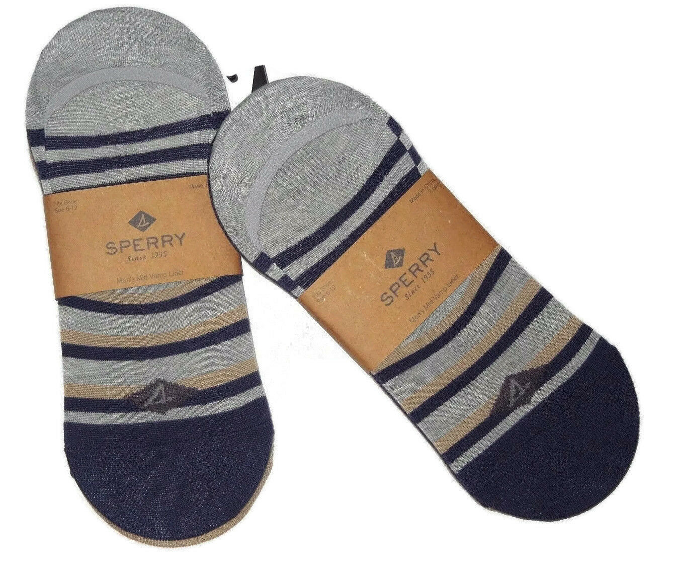 SperryTop Sider men's 6 pair liner Socks 6-12 Navy tan grey striped & solid - $37.17