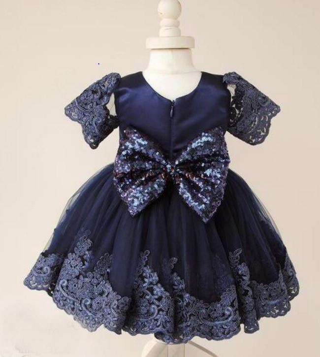 Navy Blue Dress for Infant Girls Blue Embroidered Hems Luxury Wear Baby