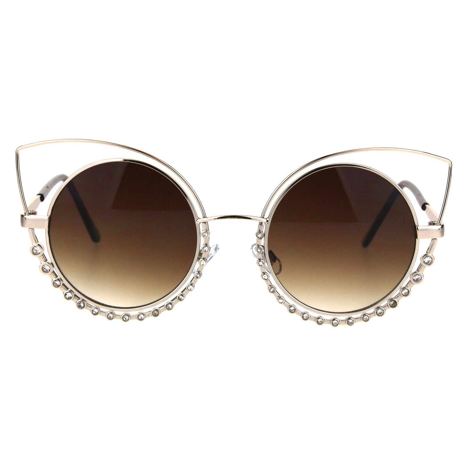 Womens Iced Out Rhinestone Tear Lash Metal Rim Round Cat Eye Sunglasses ...