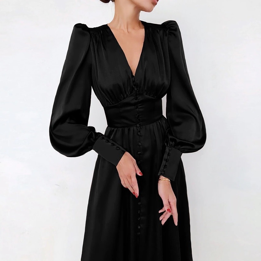 New black button down A line long sleeve women elegant dress autumn winter