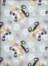 New A.E. Nathan Cute Pandas and Flowers on Gray Flannel Fabric by the Yard - $6.93