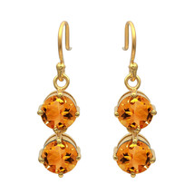 Dangle Droop Earrings 9K White Gold 6 MM Round Two Stone Yellow Citrine ... - $235.49