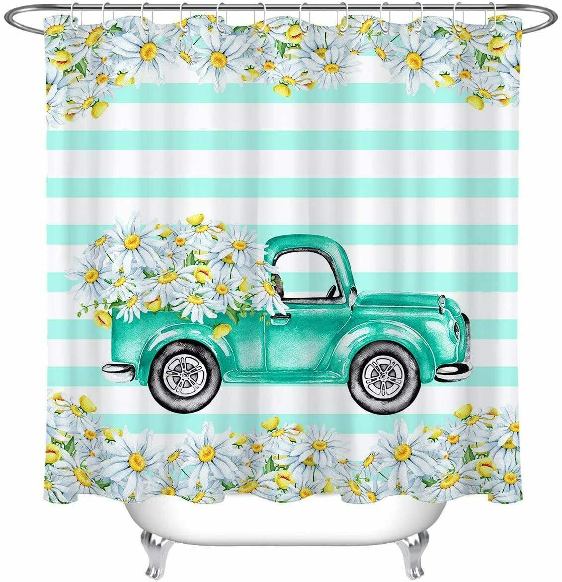Pretty Rustic Farmhouse Blue Daisy Truck Retro Fabric Shower Curtain ...
