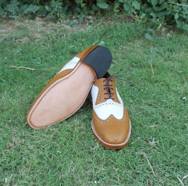 Handmade men two tone shoes, men white and tan spectator shoe, wingtip