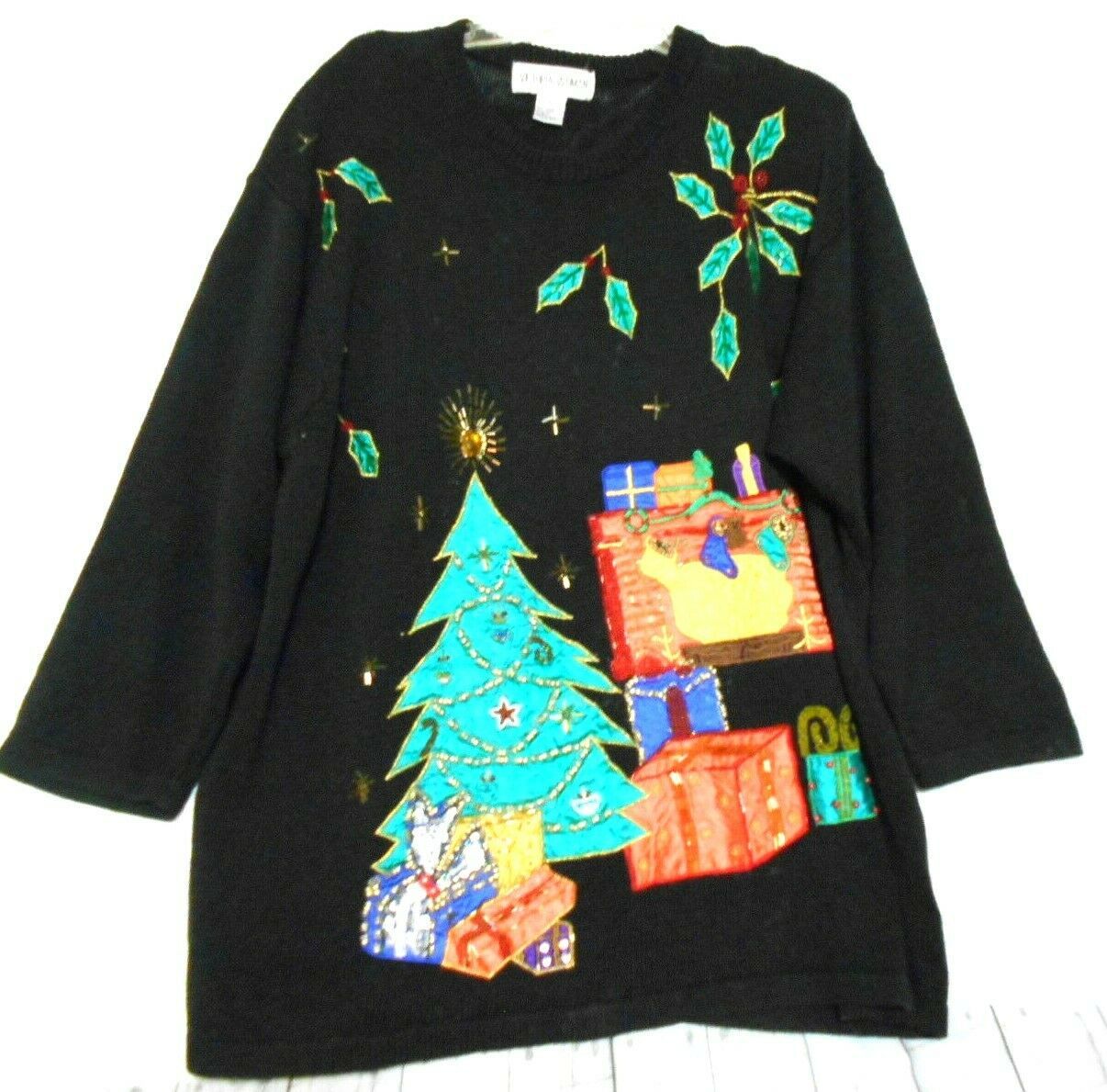 Primary image for Ugly Xmas Victoria Women 2X Black Beaded Applique Tree Fireplace Gift  Sweater
