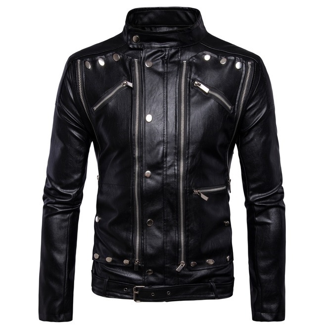 Image of HANDMADE MENS BLACK LEATHER JACKET, MEN BLACK BIKER LEATHER JACKET